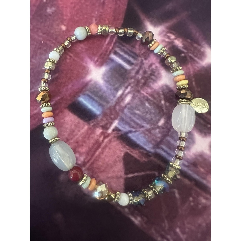 Express‎ Beaded Stretch Bracelet Womens Multicolor Glass Gold Tone Charm Boho